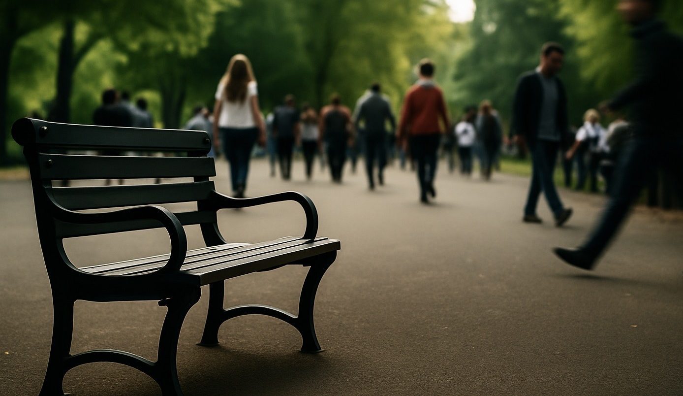 An empty park bench sits alone in shadow as people, alive in the light, walk past.