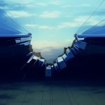 A glass wall has shattered, and clouds are parting, revealing a way out of the darkness and into a gorgeous azure sky.