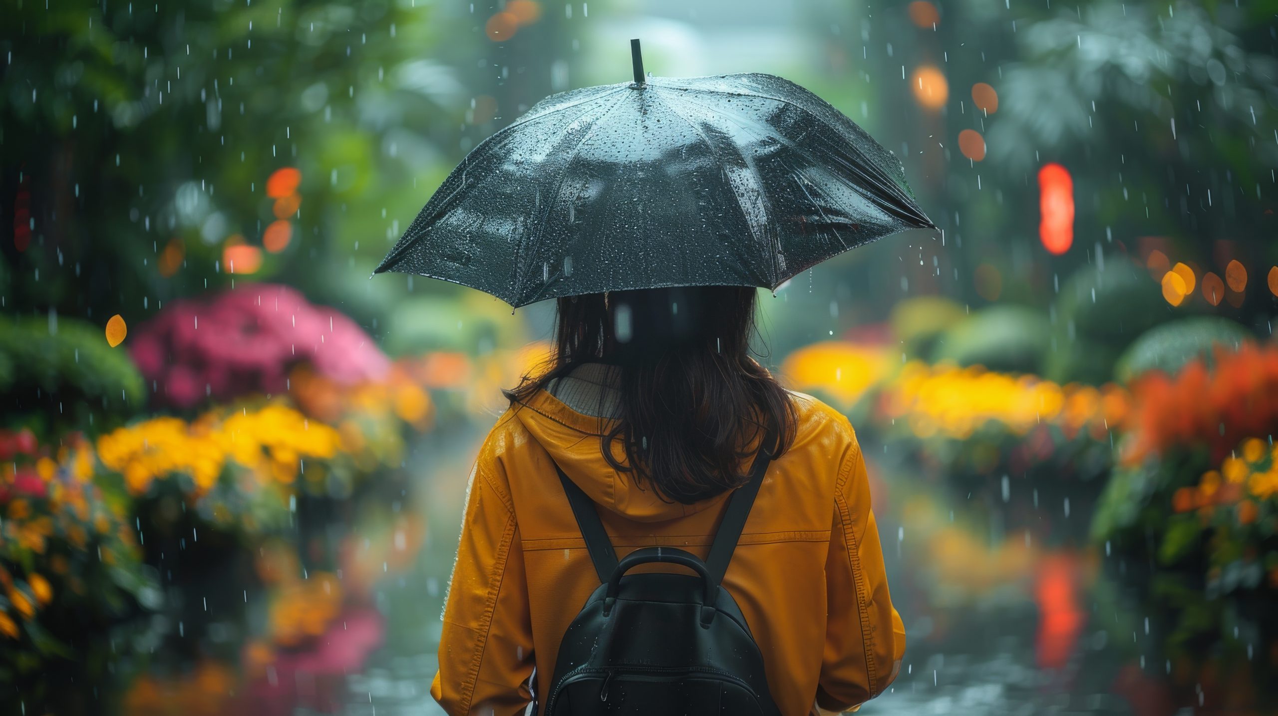 Person in a yellow raincoat holding a black umbrella, standing in a rainy garden filled with colorful flowers and soft glowing lights, symbolizing quiet resilience and reflection.