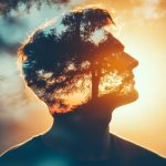 Silhouette of a person’s profile blended with a sunlit forest, symbolizing inner reflection and mental clarity.