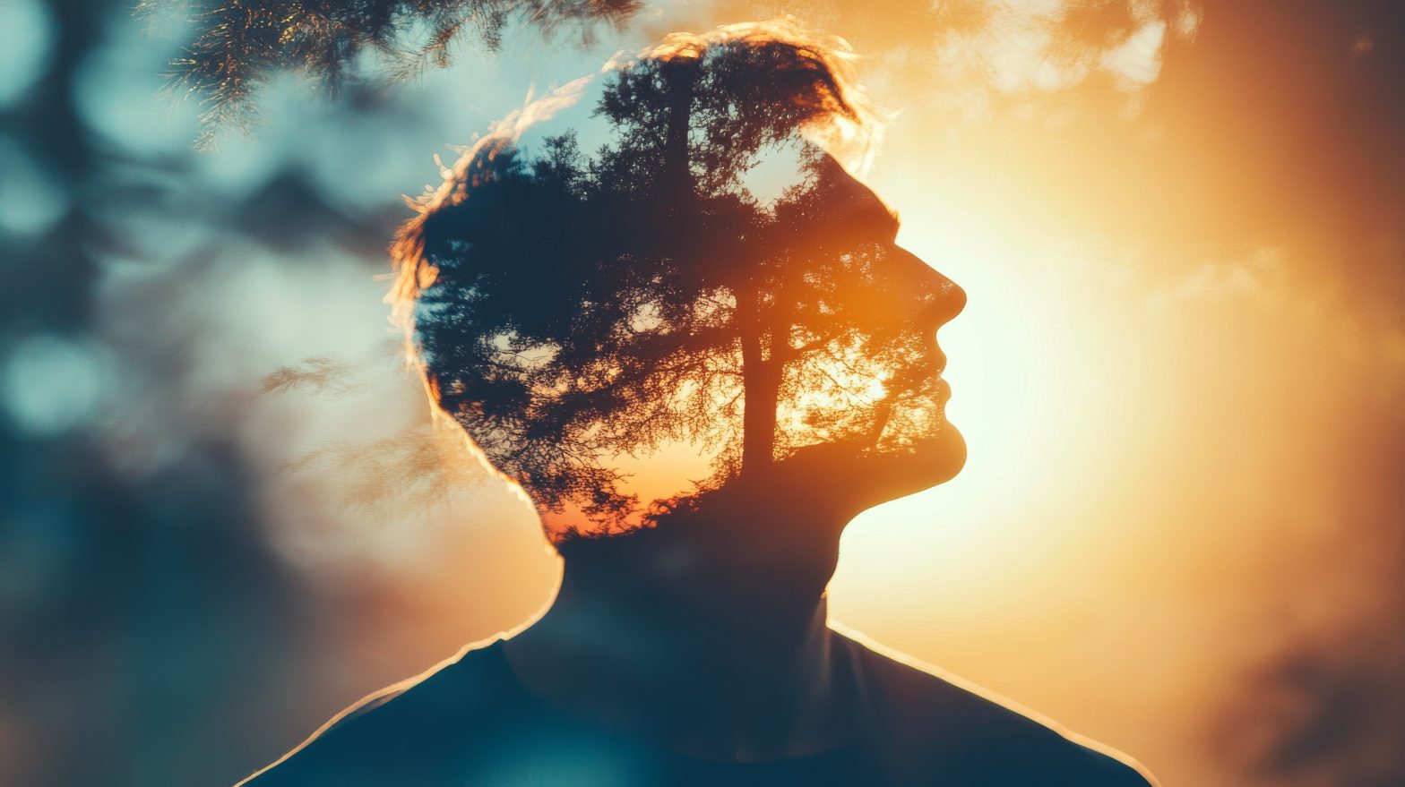 Silhouette of a person’s profile blended with a sunlit forest, symbolizing inner reflection and mental clarity.