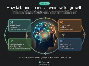 Circular infographic titled "How ketamine opens a window for growth." Four steps shown in sequence: (1) Ketamine blocks NMDA channels, a type of glutamate receptor; (2) triggers BDNF release, a neural growth protein; (3) new dendritic spines form, creating fresh neural connections; (4) negative patterns lose their grip during a window of enhanced neuroplasticity. Caption reads: "Each window builds on the last, gradually making lasting change possible." Mindscape branding at bottom.