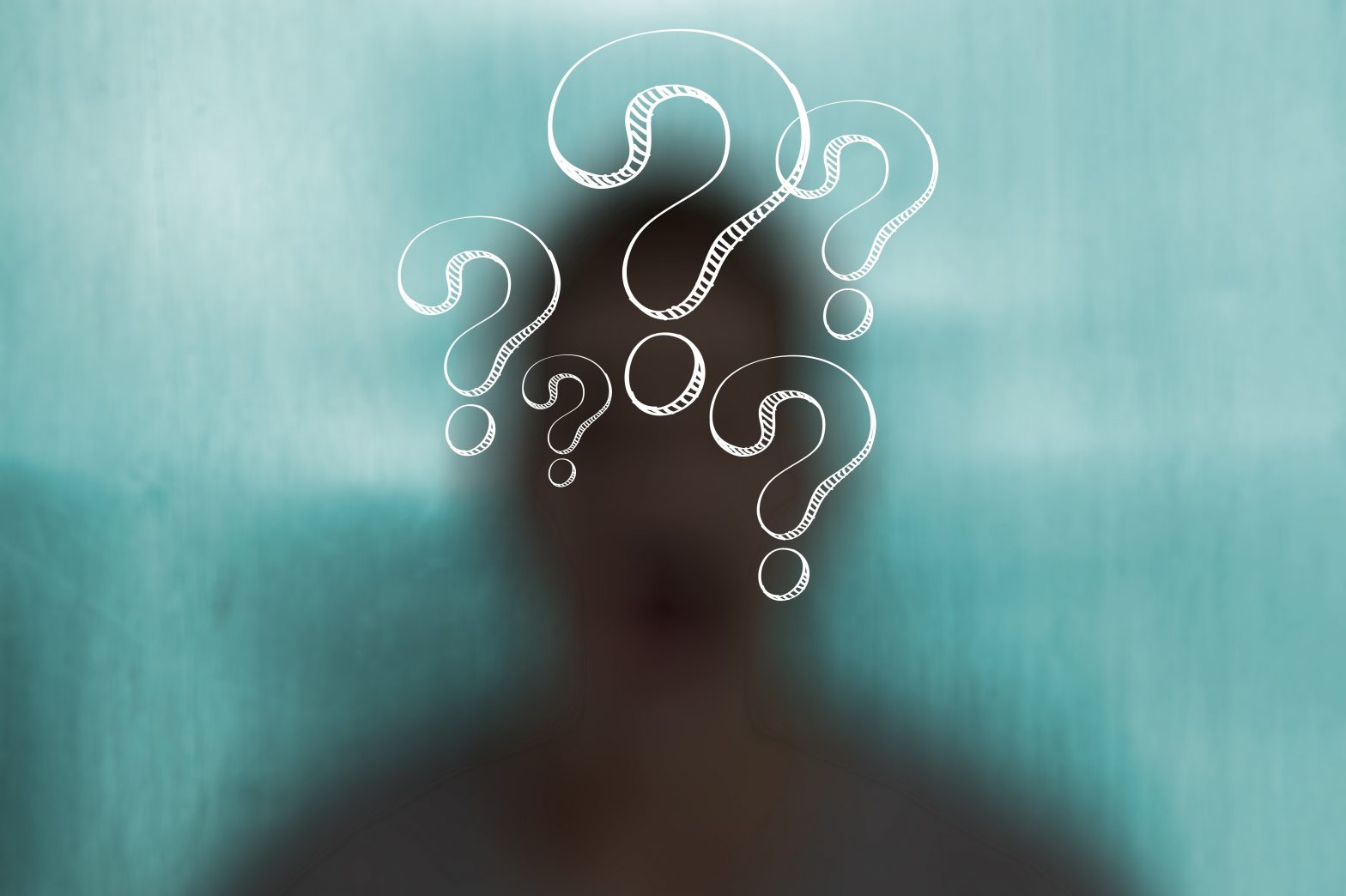 Blurred silhouette of a person seen through frosted glass, with illustrated question marks overlaid, representing uncertainty or open questions.