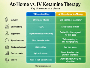 Side-by-side chart comparing IV ketamine therapy and at-home ketamine therapy across delivery method, supervision, structure, environment, cost, and best use cases.