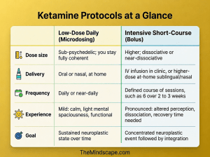 Comparison chart titled “Ketamine Protocols at a Glance” comparing Low-Dose Daily (Microdosing) and Intensive Short-Course (Bolus) ketamine protocols. The chart contrasts dose size, delivery method, frequency, experience, and treatment goal. Low-dose daily emphasizes sub-psychedelic, functional at-home use with sustained neuroplastic support over time, while intensive short-course protocols involve higher, dissociative doses delivered through IV or higher-dose at-home sessions focused on concentrated neuroplastic experiences. The chart uses Mindscape-inspired yellow, green, and blue accents with simple icons for each category.