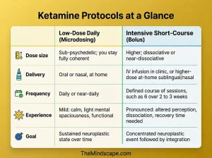 Comparison chart titled “Ketamine Protocols at a Glance” comparing Low-Dose Daily (Microdosing) and Intensive Short-Course (Bolus) ketamine protocols. The chart contrasts dose size, delivery method, frequency, experience, and treatment goal. Low-dose daily emphasizes sub-psychedelic, functional at-home use with sustained neuroplastic support over time, while intensive short-course protocols involve higher, dissociative doses delivered through IV or higher-dose at-home sessions focused on concentrated neuroplastic experiences. The chart uses Mindscape-inspired yellow, green, and blue accents with simple icons for each category.