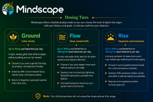 Mindscape dosing tiers comparison chart showing Ground, Flow, and Rise ketamine therapy options. Ground offers calm clarity with up to 50mg oral ketamine per day, Flow provides a deeper inward experience with up to 100mg oral or nasal ketamine per day, and Rise offers the most immersive experience with up to 200mg oral or 150mg/ml nasal ketamine per day. The chart highlights key characteristics, session experiences, and dosing ranges for each tier.