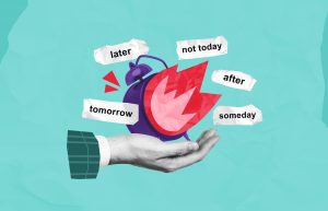 Illustration of an alarm clock surrounded by words like "tomorrow," "later," and "someday," representing avoidance behavior and chronic procrastination.