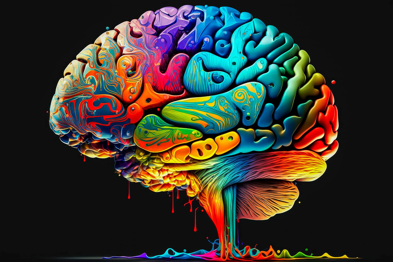 Colorful abstract brain illustration with vibrant flowing patterns and psychedelic-inspired colors against a black background.