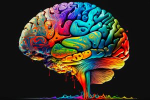 Colorful abstract brain illustration with vibrant flowing patterns and psychedelic-inspired colors against a black background.