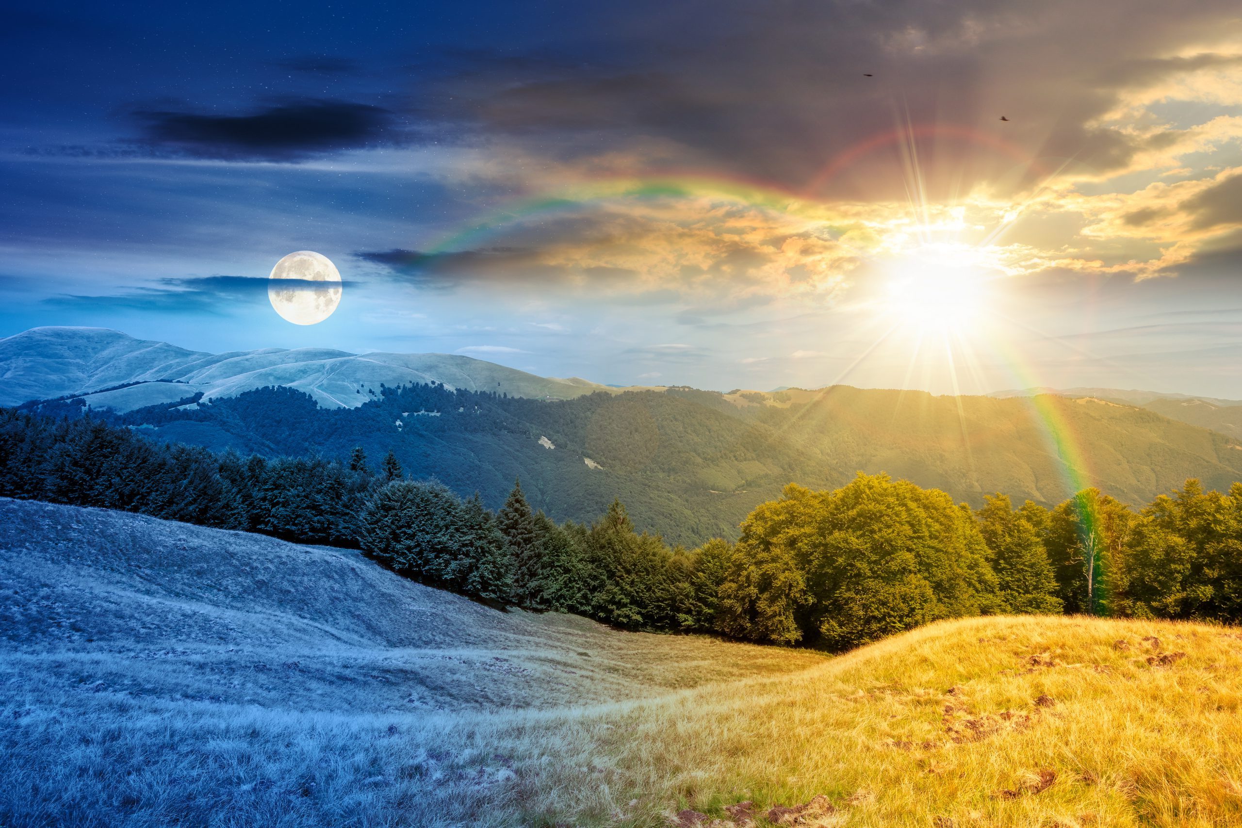 Moonlit and sunlit mountain landscape split between day and night, symbolizing gradual transformation, perspective shifts, and how long ketamine therapy takes to work.