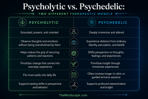 Comparison infographic showing psycholytic and psychedelic therapeutic models side by side. The chart contrasts staying grounded and present versus immersive altered states, highlighting differences in experience, integration, and therapeutic focus.