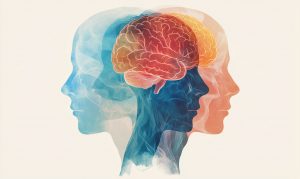What is neuroplasticity? Illustration of three overlapping human profiles with a highlighted brain representing changes in brain function.