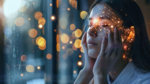 What is neuroplasticity? Woman resting her hands against her face with a glowing digital neural network surrounding her head, representing how ketamine enhances brain plasticity.