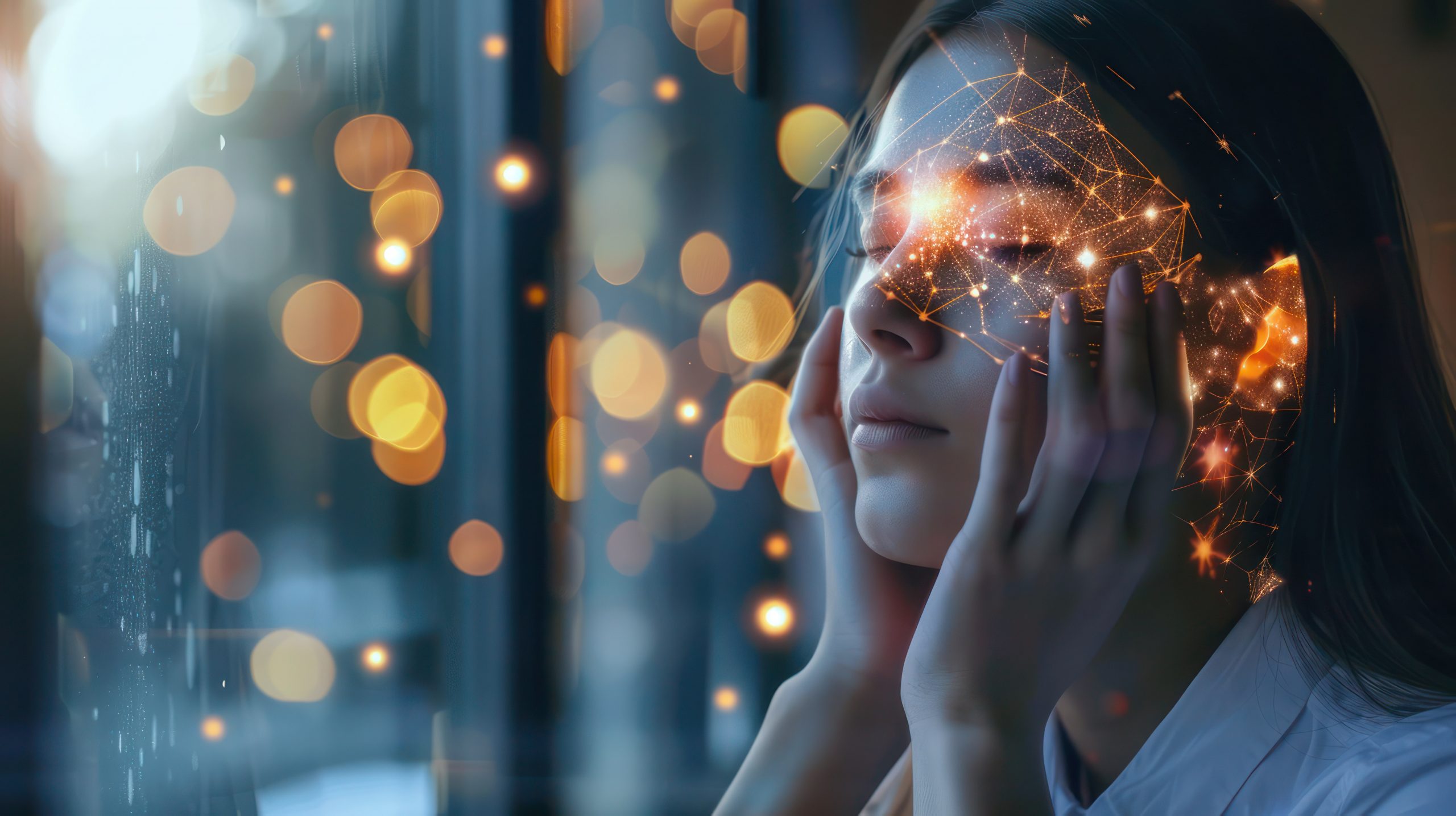 What is neuroplasticity? Woman resting her hands against her face with a glowing digital neural network surrounding her head, representing how ketamine enhances brain plasticity.