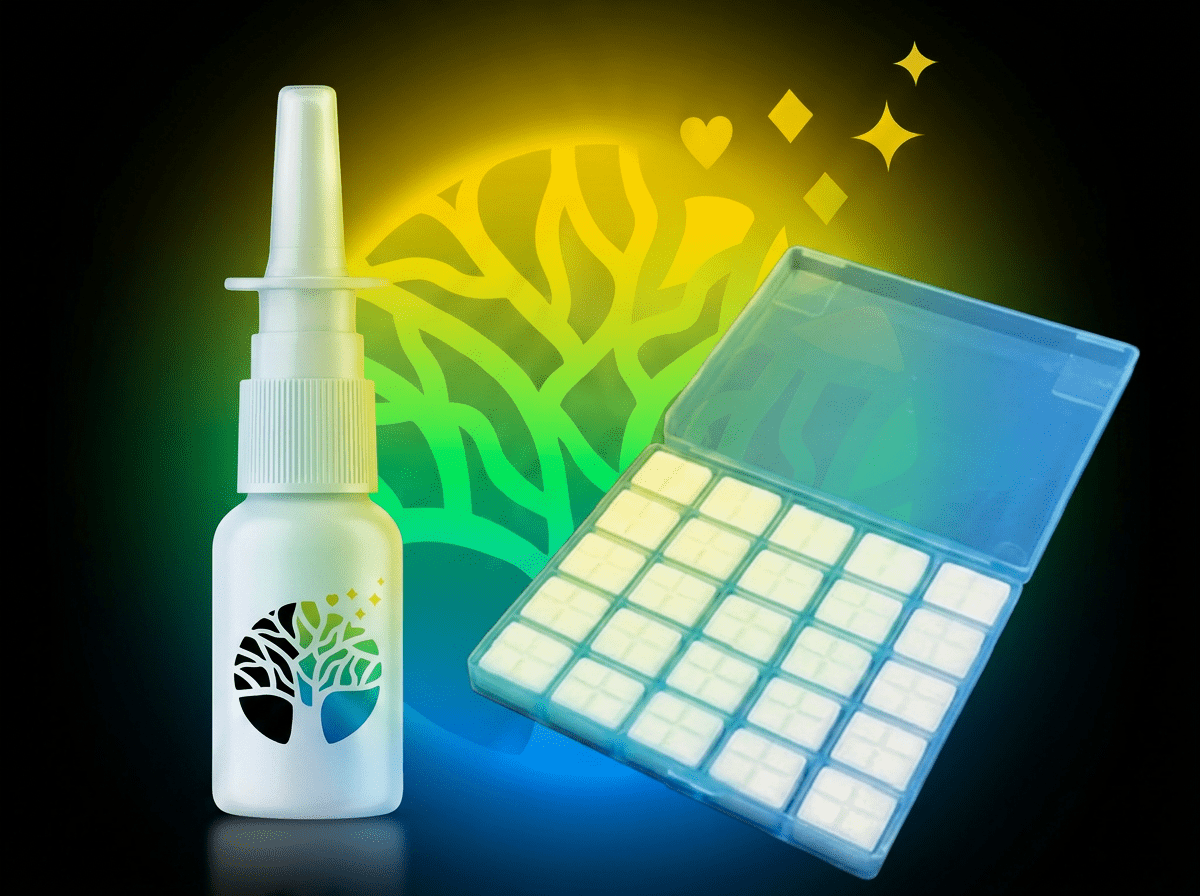 Image of nasal ketamine spray and oral troches in front of Mindscape logo. Mindscape offers a choice of ketamine delivery forms: nasal spray, oral lozenges, or a combination of both.