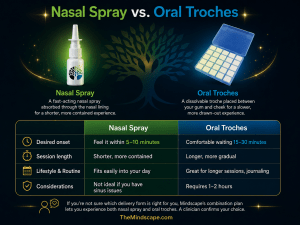 Comparison infographic of nasal ketamine spray and oral troches. The graphic explains that nasal spray is fast-acting and better suited for shorter, more contained sessions, while oral troches have a slower onset and longer, more gradual experience. A comparison chart covers onset time, session length, lifestyle and routine, and considerations for each delivery method.