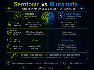 Infographic comparing serotonin and glutamate, showing why ketamine works differently than SSRIs. The chart contrasts the two pathways by chemical type, treatment mechanism, typical timeline, and impact on the brain, highlighting ketamine's effects on glutamate signaling and neuroplasticity versus SSRIs' serotonin-based approach. It also notes that ketamine may complement traditional treatments and that individual outcomes vary.